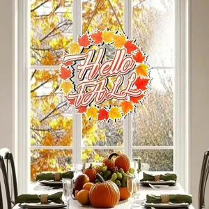 Autumn wooden hanging sign with Hello Fall and maple leaf design for holiday home decor.