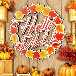 Autumn wooden door hanger wreath with maple leaves and Hello Fall text for holiday decor.