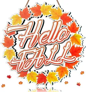 Autumn wooden door hanger wreath with maple leaves and hello fall text for home decor wall sign.
