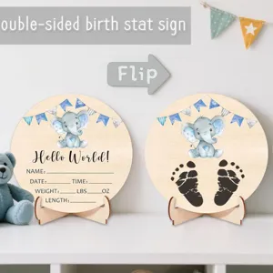 Double-sided wooden baby birth stat sign milestone photo prop with elephant design