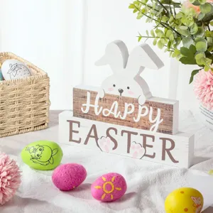 Panneau de table lapin de Pâques en bois, décoration mignonne pour fête de printemps.