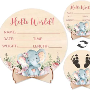 Wooden Hello World Baby Birth Milestone Plaque Newborn Photography Prop with Wood Stand