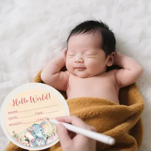Wooden newborn baby birth milestone announcement sign photo prop with cute elephant design.