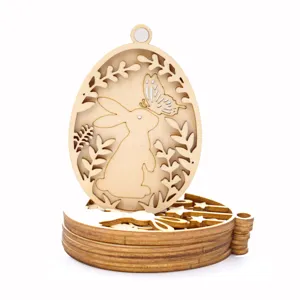 Adorno colgante de conejo de huevo de Pascua de madera corte por láser decoración de fiesta