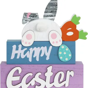 Decoration de paques en bois lapin carotte signe pour table et cheminee du printemps