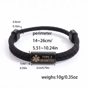 Dettaglio braccialetto medico in acciaio, corda intrecciata regolabile, perimetro 14-26cm.