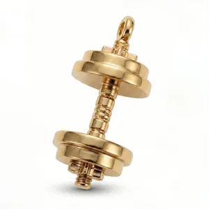Pendentif haltère doré vue de détail, accessoire de collier fitness sport pour homme.