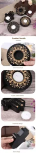 Wooden tea light candle holder set with intricate astrological and mandala carved patterns.