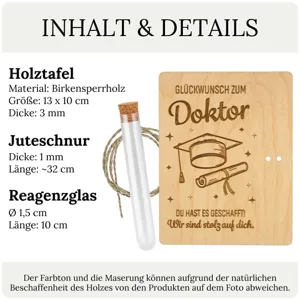 Holz Geldgeschenk Detailansicht mit Birkensperrholz Tafel, Juteschnur und Reagenzglas Requisiten.