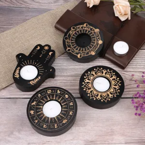Wooden Candle Holder Tea Light Candlestick Astrology Moon Phase Mandala Tabletop Decor For Home Party