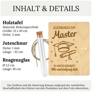 Holz Geldgeschenk Set zur Abschlussprüfung mit Reagenzglas und Juteschnur für Master.