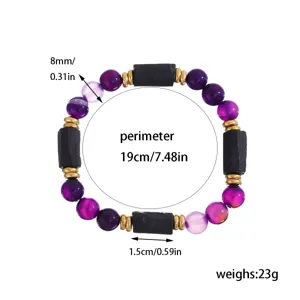 Beaded bracelet featuring purple gemstone beads and black stone columns with size details.