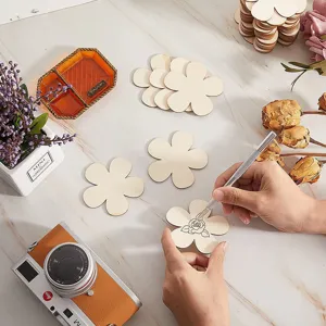Unfinished wooden flower slices for DIY painting, crafting, and decorative cup coasters.