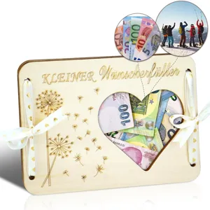 Wooden money gift box with heart cutout dandelion engraving and ribbons for wedding travel fund.