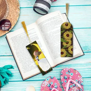 Wooden bookmarks with golden tassels, vintage floral and fairy tale character designs for reading.
