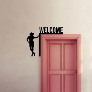 Black Wooden Door Corner Decoration Cowgirl Silhouette Welcome Wall Hanging Detail