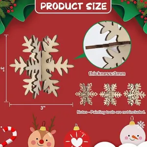 Wooden snowflake ornament detail, showing 3 inch size and 3mm thickness construction.