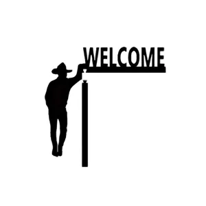 Black wooden door corner decoration, cowboy silhouette design with welcome text for home wall hanging.