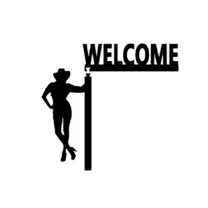 Black silhouette cowgirl door corner decor welcome sign wooden wall hanging detail