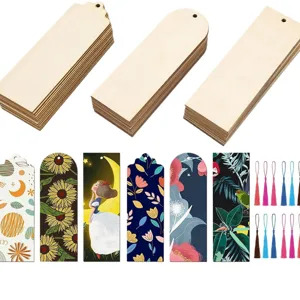 Wooden blank bookmarks DIY craft set with colorful tassels and painted floral patterns.