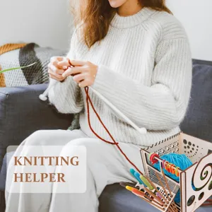Wooden yarn storage box with knitting tools, multi-functional yarn holder and organizer.