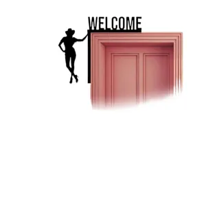 Black wooden door corner decoration with female silhouette and welcome sign for home decor.