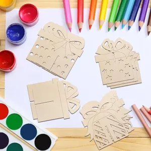 Wooden DIY gift box hollow puzzle detail view with colorful paints and pencils for craft decor.