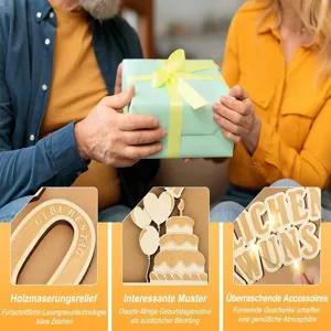 Λεπτομερης απεικονιση ξυλινης βασης φωτισμου LED γενεθλιων, χαραξη με λειζερ και διακοσμηση.