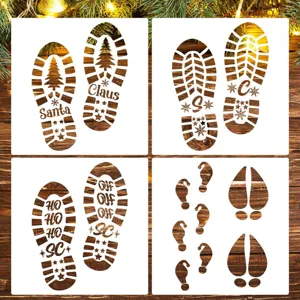 Set stencil impronte in legno di Natale, tracce di stivali di Babbo Natale e dettagli decorativi.