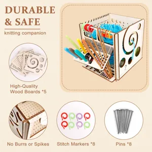 Detailed view of wooden yarn storage box, knitting tool holder, and handy accessories.