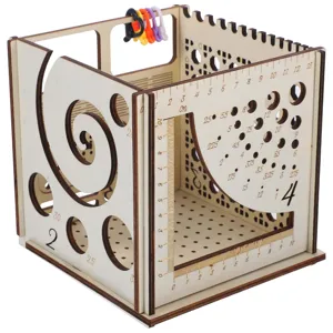 Wooden yarn holder storage box with built-in knitting needle gauge and ruler for craft lovers.