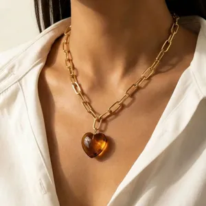 Mode Edelstahl Dicke Kette Bernstein Harz Herz Anhänger Halskette Personalisiert Damen Schlüsselbein Kette Choker Schmuck Geschenk