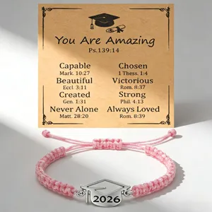 2026 Afstudeer roze gevlochten armband met inspirerende wenskaart cadeau voor dames.