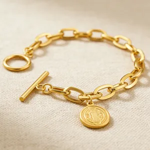Bracelet Vintage en Acier Inoxydable Médaille de Saint-Benoît pour Hommes Femmes Fermoir OT Or Argent Chaîne Épaisse Bijoux Religieux