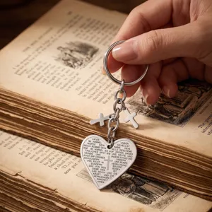 Stainless steel heart pendant keychain featuring engraved text and mini cross charms.