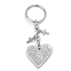 Stainless steel heart cross keychain with German prayer text engraved, stylish religious gift.