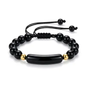 Schwarzes Perlenarmband mit Goldkugeln und gebogenem Tubusanhänger verstellbares Seil.