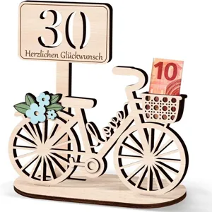 Detalle regalo dinero bicicleta de madera, decoracion cumpleanos 30 anos con flores.