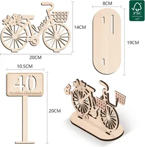 Vista detallada regalo dinero bicicleta madera, componentes decoración cumpleaños medidas claras.