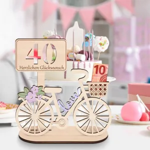Regalo de dinero de bicicleta de madera para cumpleaños 40 decoración de mesa soporte de efectivo DIY