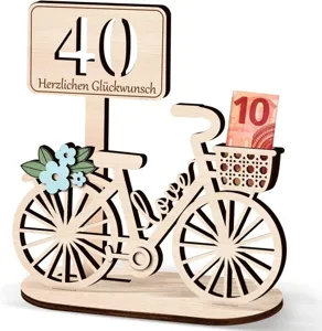 Detalle regalo de dinero bicicleta de madera, decoración soporte para 40 cumpleaños.