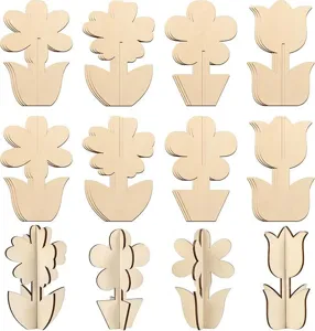 Vue detaillee de pieces de puzzle 3D en bois pour fleurs et plantes en pot decoration.
