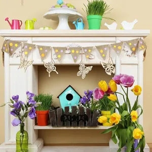 Bannière de cheminée suspendue avec papillons en bois et tulipes en pot pour déco