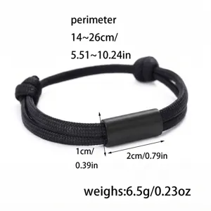 Hand-woven black paracord adjustable bracelet with stainless steel tube, perimeter 14-26cm.