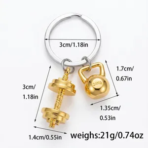 Fitness dumbbell and kettlebell metal keychain detail view showing dimensions and weight info.