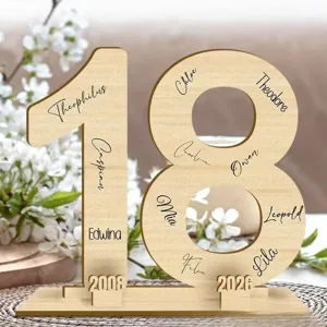 Detailed view of personalized wooden number 18 ornament with custom engraved names and years.