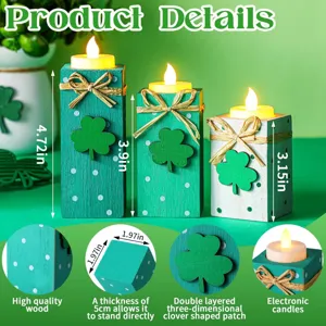 St. Patrick's Day wooden candle holder set with LED tealight, clover decor details.