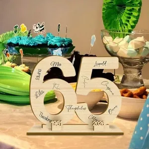 Wooden number 65 sign for birthday party table centerpiece custom guest book decor.