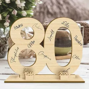 Wooden number 80 signature display stand for birthday party and anniversary celebration decor.