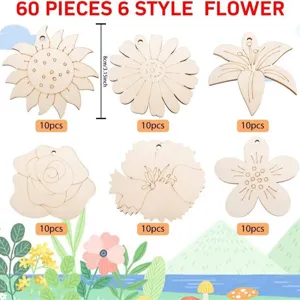 60 Stk Unfertige Holz Blumen Ausschnitte 6 Stile Rohling Holzscheiben Basteln Deko